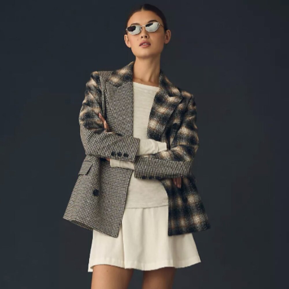 Avec Les Filles Checked Wool Blend Tailored Fit Blazer
